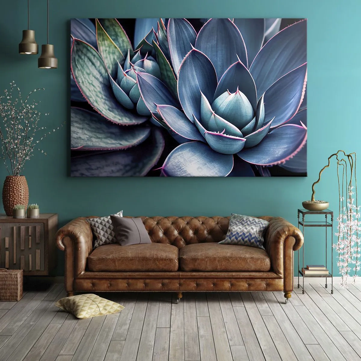 Cuadro sobre lienzo - Impresión de Imagen - Agave en tonos azules y verdes con acentos rosados. - 70x50cm - Fuerza vital - Decoración de pared moderna para salón y dormitorio ARTTOR