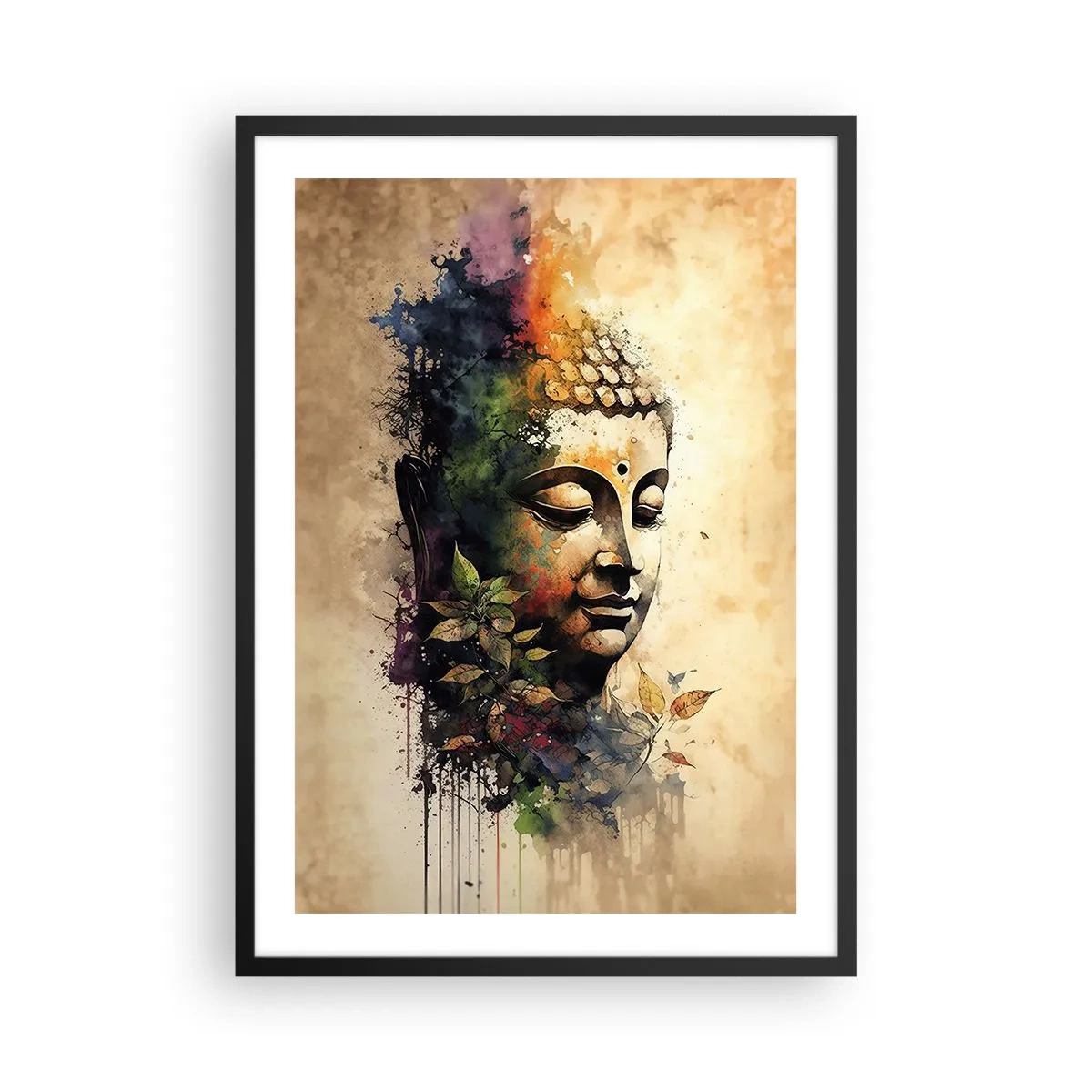 Póster en marco negro - Un retrato colorido de Buda en un estilo artístico de acuarela. - 50x70cm - Namaste - Decoración de pared moderna para salón y dormitorio ARTTOR