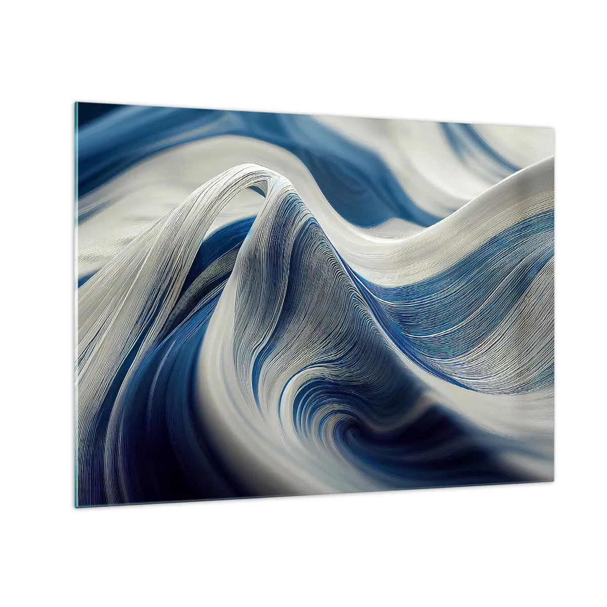 Cuadro sobre vidrio - Impresiones sobre Vidrio - Abstracción dinámica en tonos azules y blancos. - 70x50cm - Fluidez de azul y blanco - Decoración de pared moderna para salón y dormitorio ARTTOR