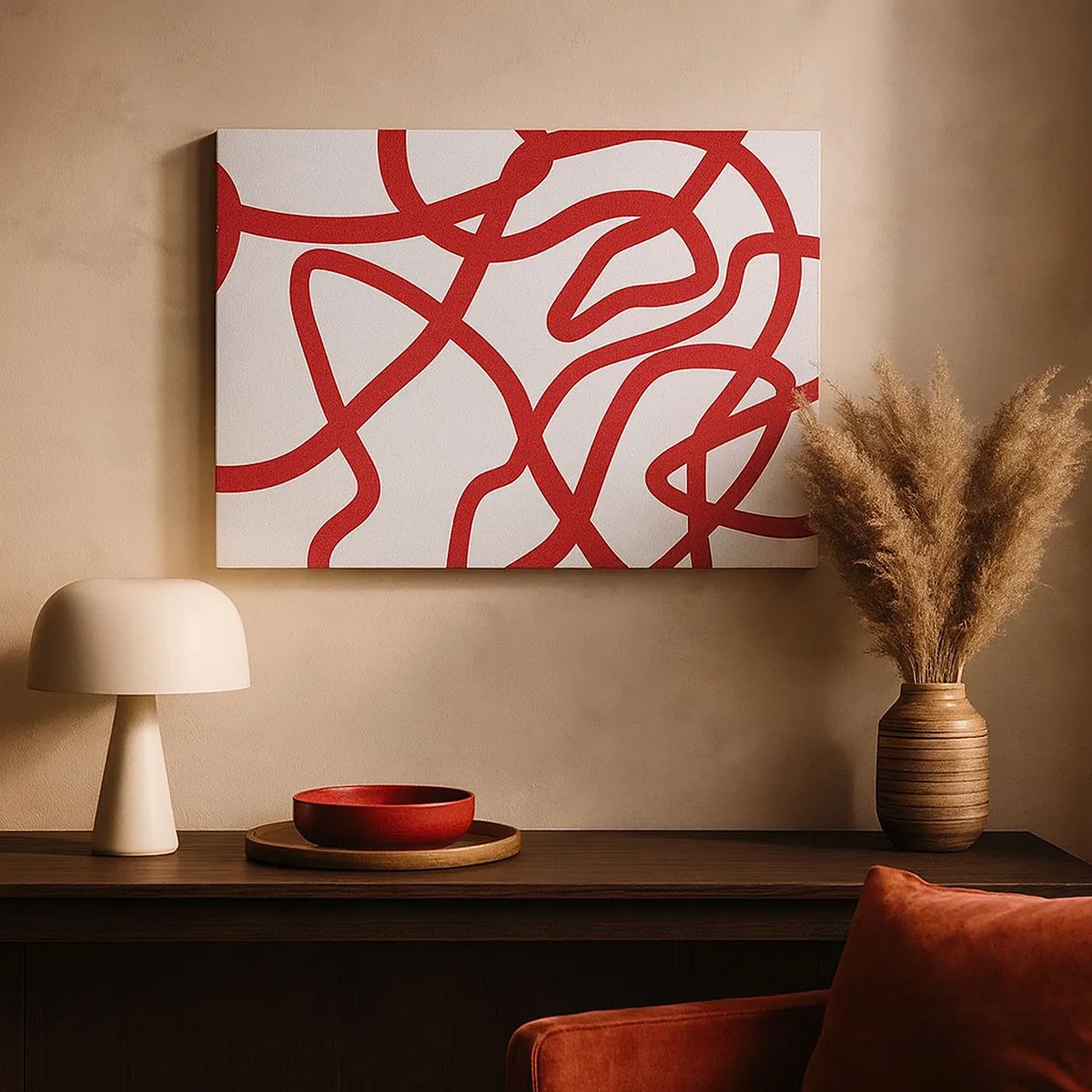 Cuadro sobre lienzo - Impresión de Imagen - Líneas abstractas rojas sobre un fondo blanco - 70x50cm - Rojo sobre blanco - Decoración de pared moderna para salón y dormitorio ARTTOR