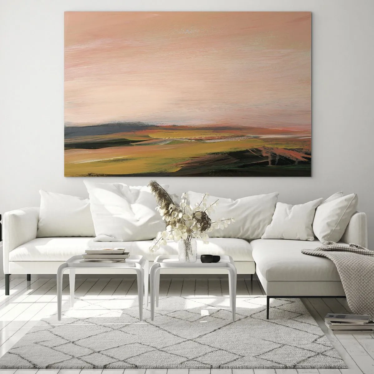 Cuadro sobre vidrio - Impresiones sobre Vidrio - Un paisaje abstracto en tonos rosa y verde apagado. - 70x50cm - En tono rosa - Decoración de pared moderna para salón y dormitorio ARTTOR