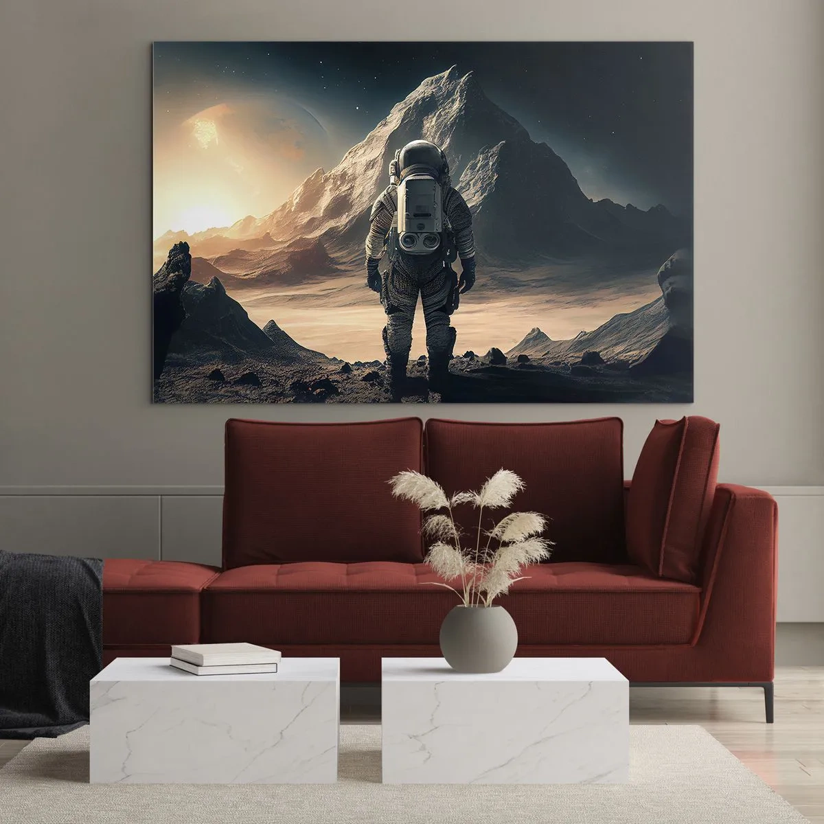 Cuadro sobre vidrio - Impresiones sobre Vidrio - Astronauta en un planeta alienígena con un paisaje montañoso. - 70x50cm - Un nuevo reto - Decoración de pared moderna para salón y dormitorio ARTTOR