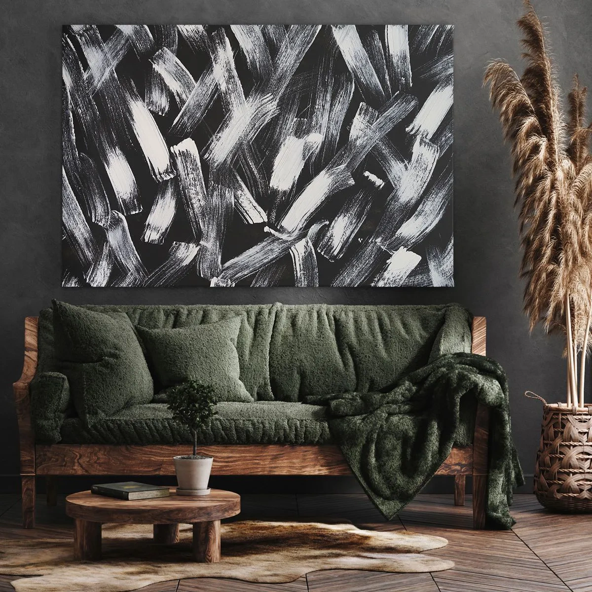 Cuadro sobre lienzo - Impresión de Imagen - Abstracción dinámica con pinceladas blancas sobre fondo negro. - 70x50cm - Abstracción en el espíritu industrial - Decoración de pared moderna para salón y dormitorio ARTTOR