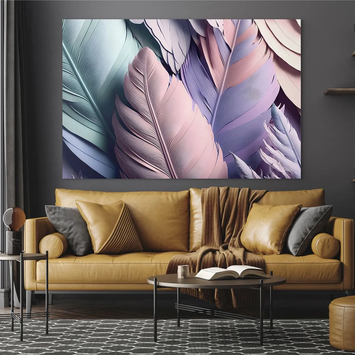 Cuadro sobre vidrio - Impresiones sobre Vidrio - Plumas pastel en tonos rosa, morado y turquesa. - 70x50cm - Pájaro chic - Decoración de pared moderna para salón y dormitorio ARTTOR