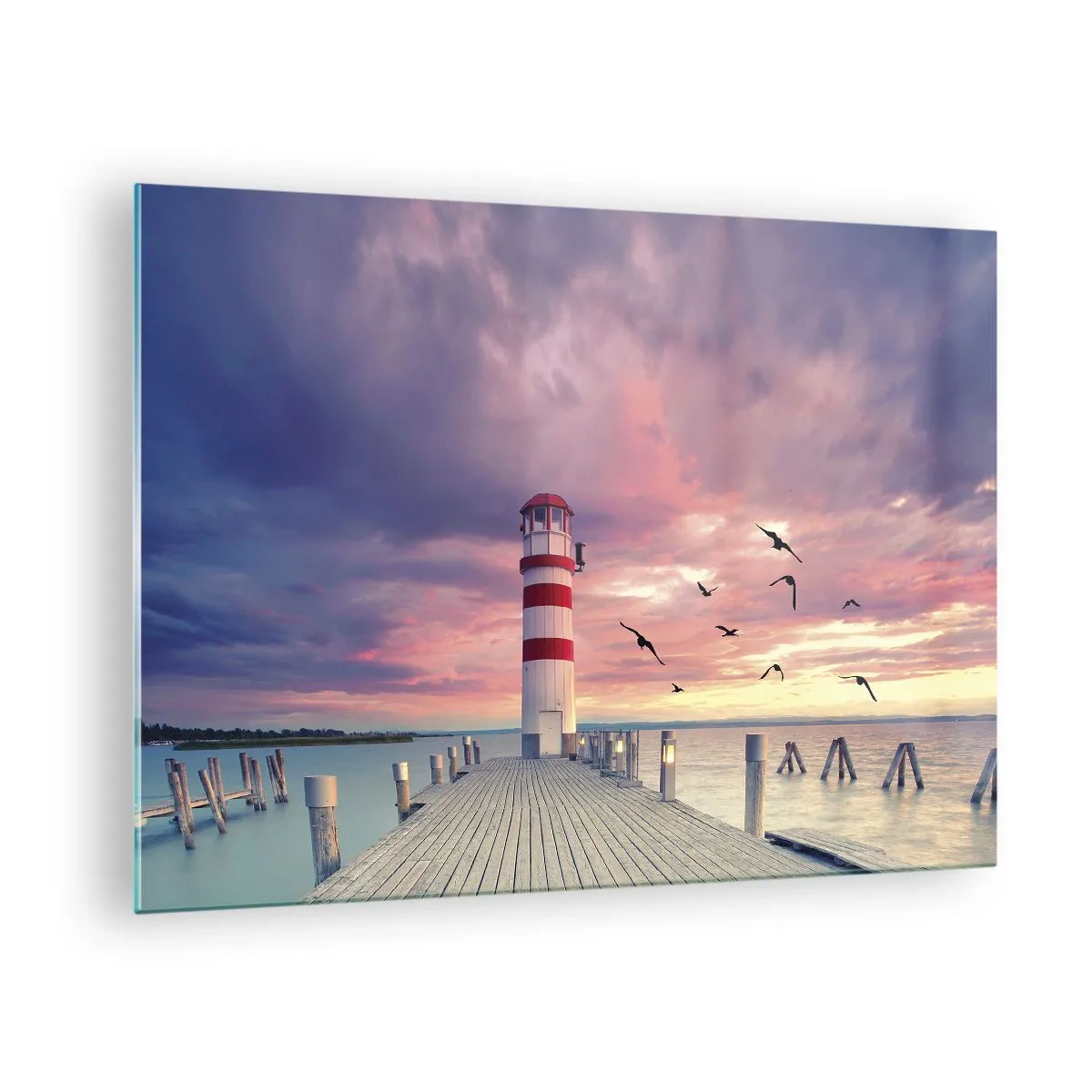 Cuadro sobre vidrio - Impresiones sobre Vidrio - Faro en el muelle al atardecer con pájaros volando - 70x50cm - Hora de ir al puerto - Decoración de pared moderna para salón y dormitorio ARTTOR