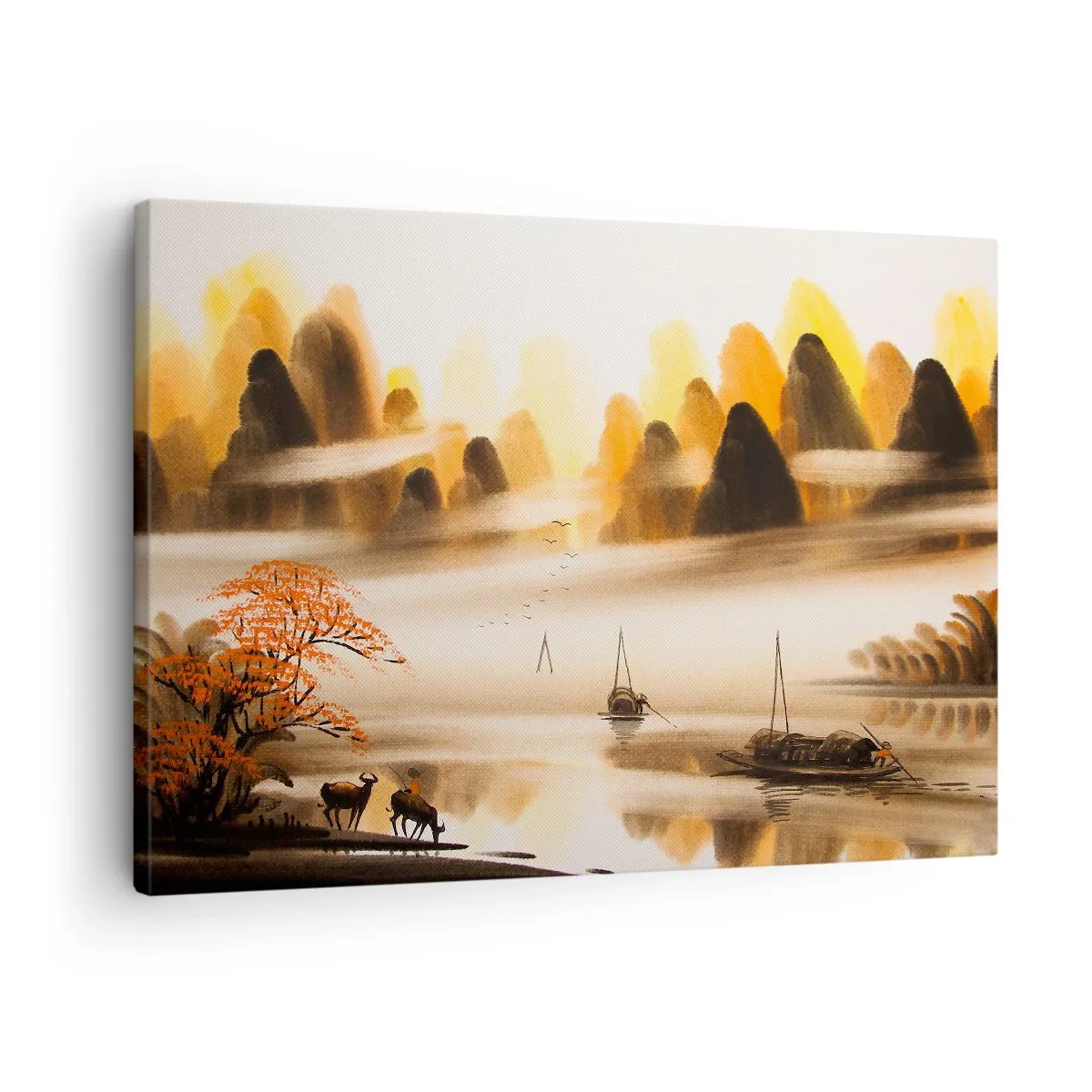 Cuadro sobre lienzo - Impresión de Imagen - Un paisaje oriental con un río, montañas y una suave niebla. - 70x50cm - Más allá del Lejano Oriente - Decoración de pared moderna para salón y dormitorio ARTTOR