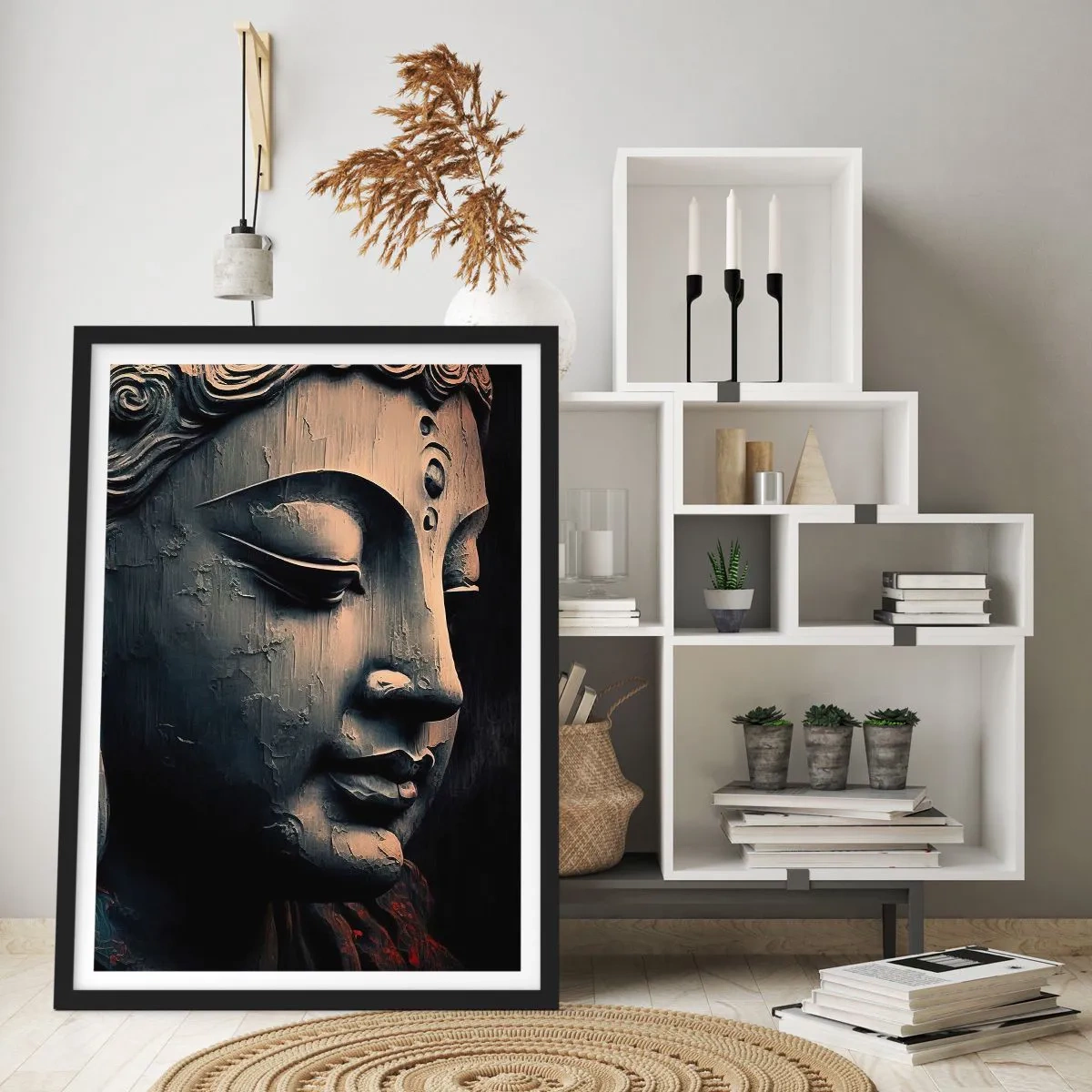 Póster en marco negro - Primer plano de una escultura de Buda bajo una luz cálida. - 50x70cm - En sintonía con el mundo - Decoración de pared moderna para salón y dormitorio ARTTOR