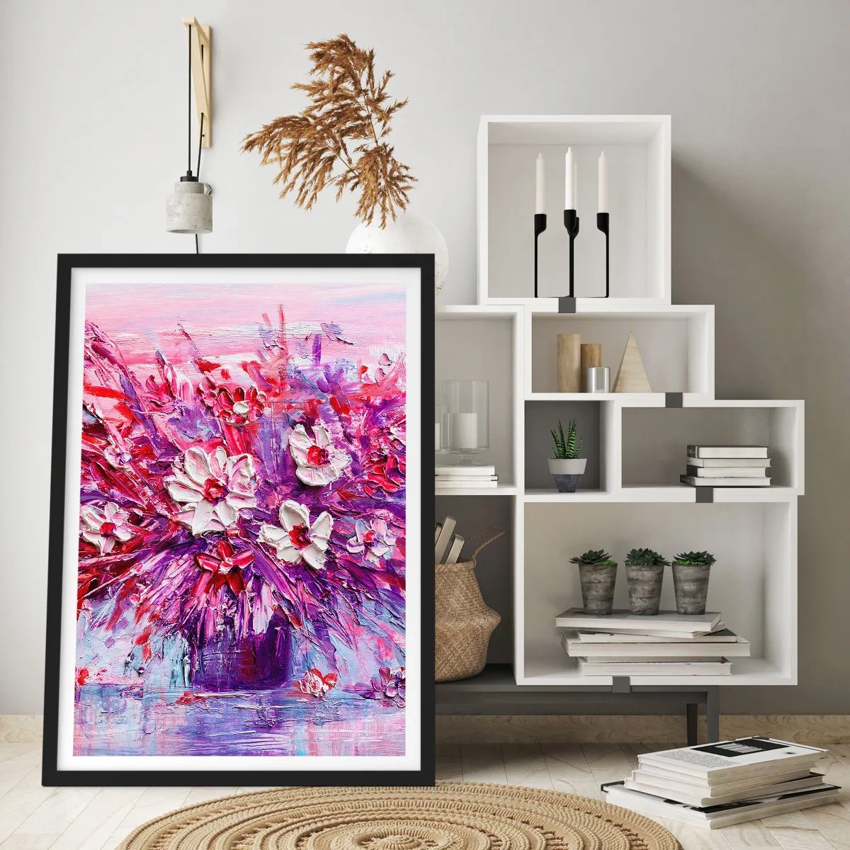 Póster en marco negro - Un ramo de flores en tonos rosa, morado y blanco. - 50x70cm - Inocencia y pasión - Decoración de pared moderna para salón y dormitorio ARTTOR