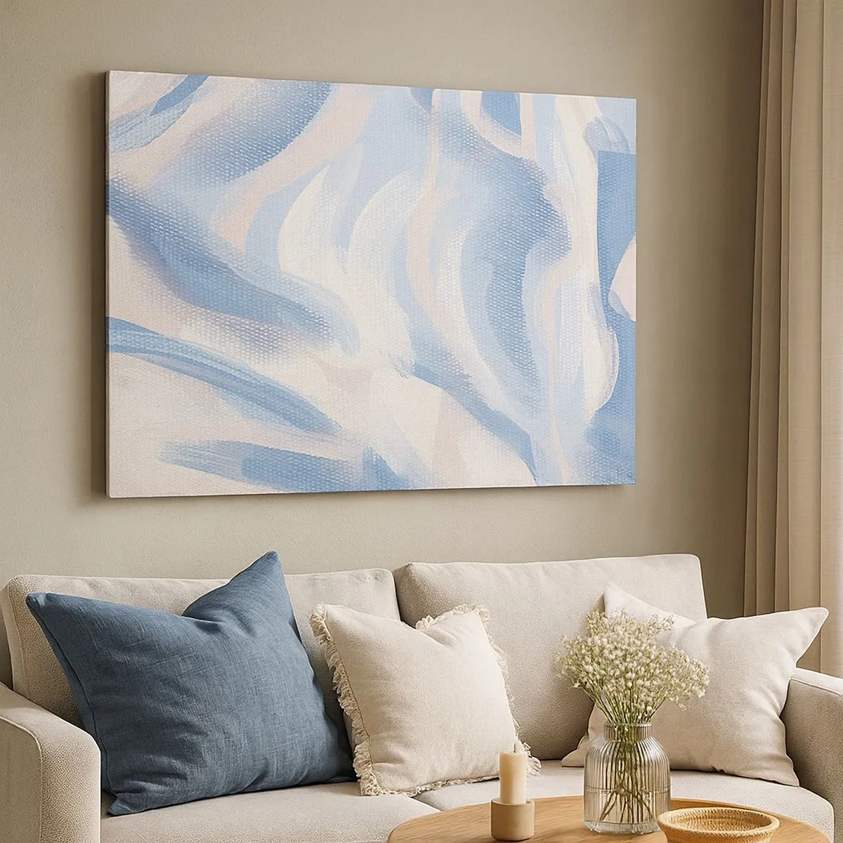 Cuadro sobre lienzo - Impresión de Imagen - Pinceladas abstractas en tonos azules y beige - 70x50cm - Ondas azules - Decoración de pared moderna para salón y dormitorio ARTTOR
