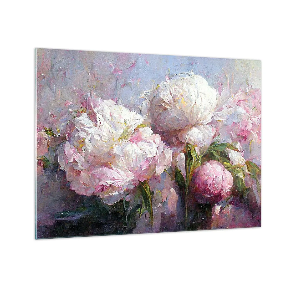 Cuadro sobre vidrio - Impresiones sobre Vidrio - Pintura al óleo de peonías blancas y rosas en flor. - 70x50cm - Un ramo rebosante de vida - Decoración de pared moderna para salón y dormitorio ARTTOR