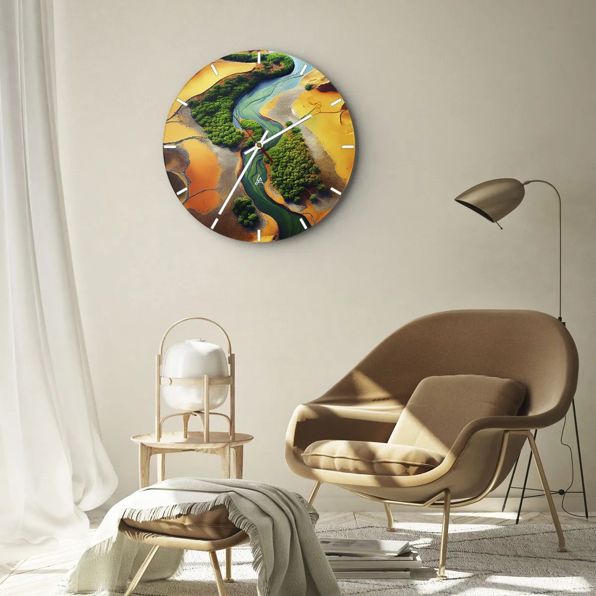 Reloj de pared - Reloj de vidrio - Un río que serpentea a través de un paisaje verde desértico. - 30x30cm - Río que da vida - Decoración de pared moderna para salón, cocina y dormitorio ARTTOR