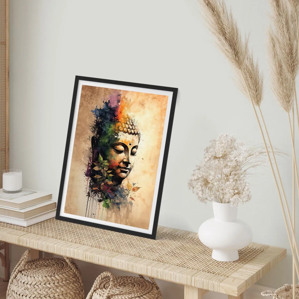 Póster en marco negro - Un retrato colorido de Buda en un estilo artístico de acuarela. - 50x70cm - Namaste - Decoración de pared moderna para salón y dormitorio ARTTOR