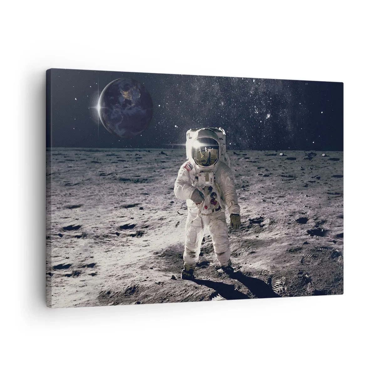 Cuadro sobre lienzo - Impresión de Imagen - Astronauta en la superficie de la Luna con la Tierra al fondo - 70x50cm - Saludos desde la Luna - Decoración de pared moderna para salón y dormitorio ARTTOR
