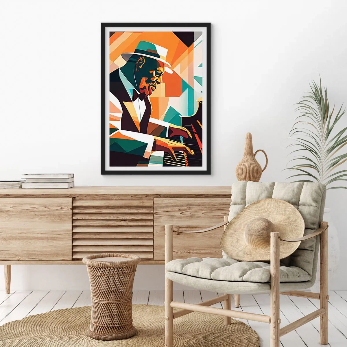Póster en marco negro - Retrato abstracto de un pianista en estilo cubista. - 50x70cm - Todo ese jazz que llevas dentro - Decoración de pared moderna para salón y dormitorio ARTTOR