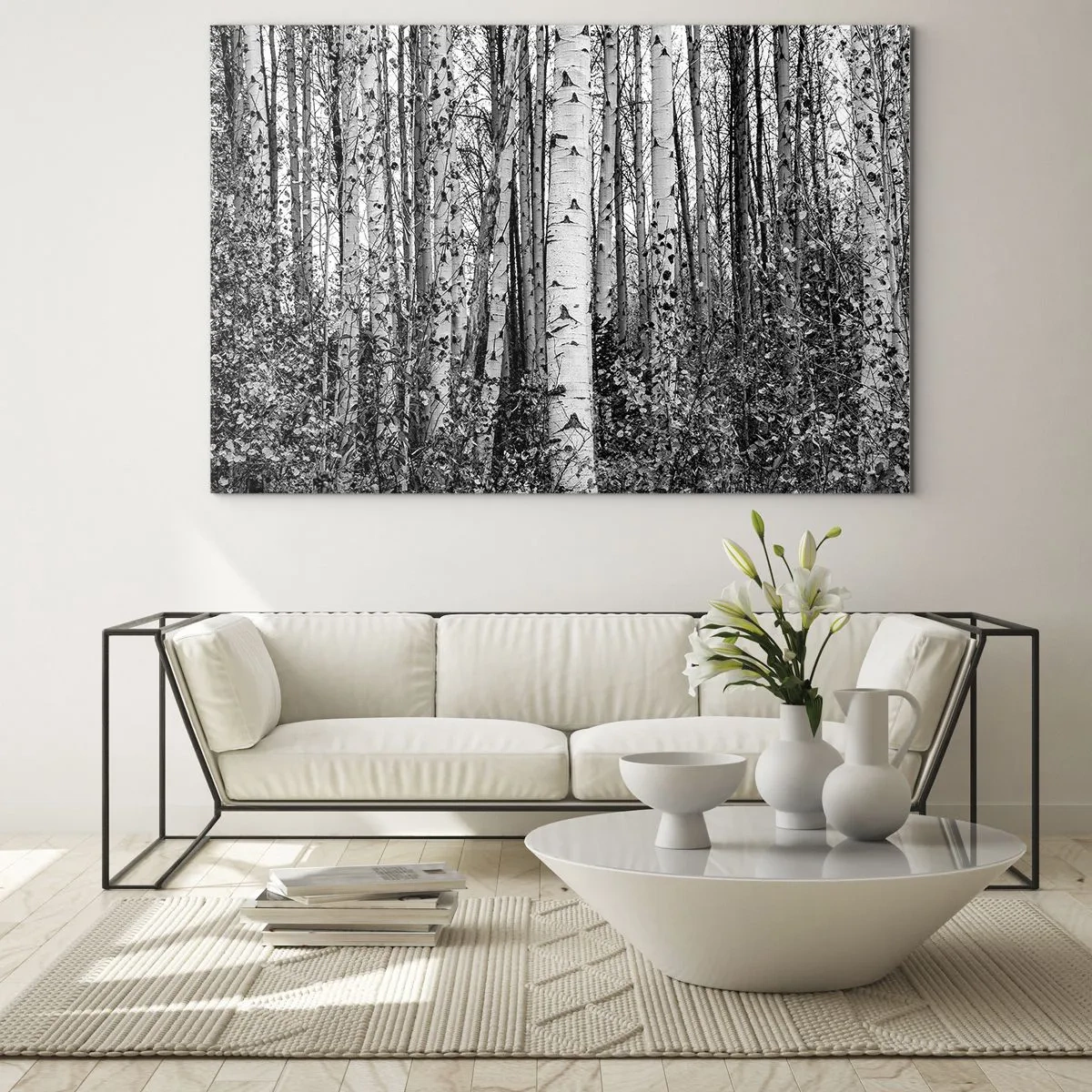 Cuadro sobre vidrio - Impresiones sobre Vidrio - Los abedules blancos y negros crean un denso paisaje forestal. - 70x50cm - Columnas de abedules - Decoración de pared moderna para salón y dormitorio ARTTOR