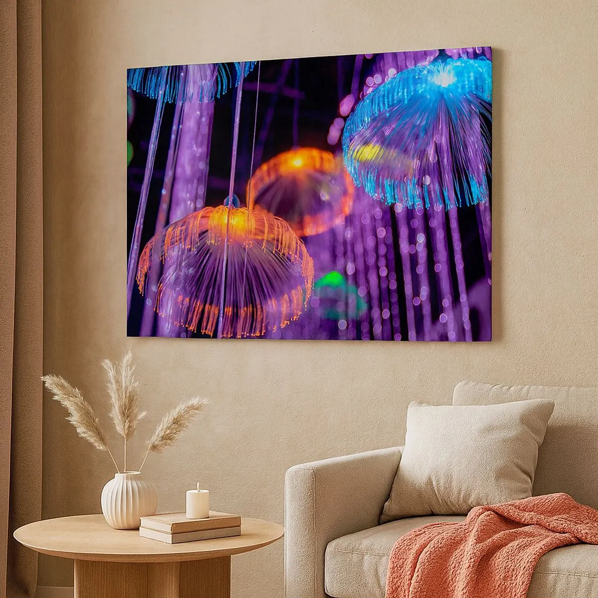 Cuadro sobre lienzo - Impresión de Imagen - Medusas luminosas y coloridas en un entorno oscuro. - 70x50cm - Fuente luminosa - Decoración de pared moderna para salón y dormitorio ARTTOR