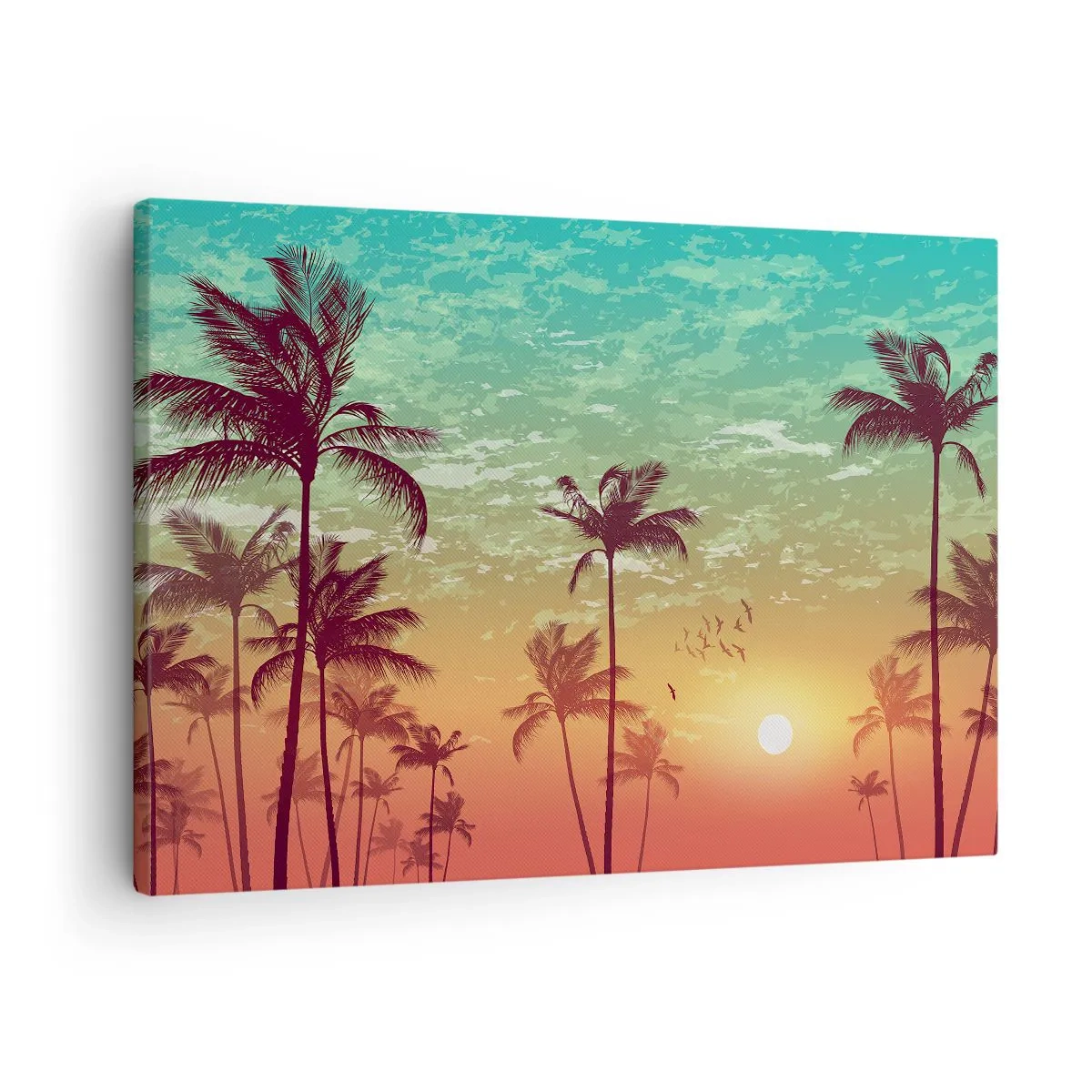 Cuadro sobre lienzo - Impresión de Imagen - Puesta de sol con palmeras contra un cielo colorido - 70x50cm - Ambientes tropicales - Decoración de pared moderna para salón y dormitorio ARTTOR