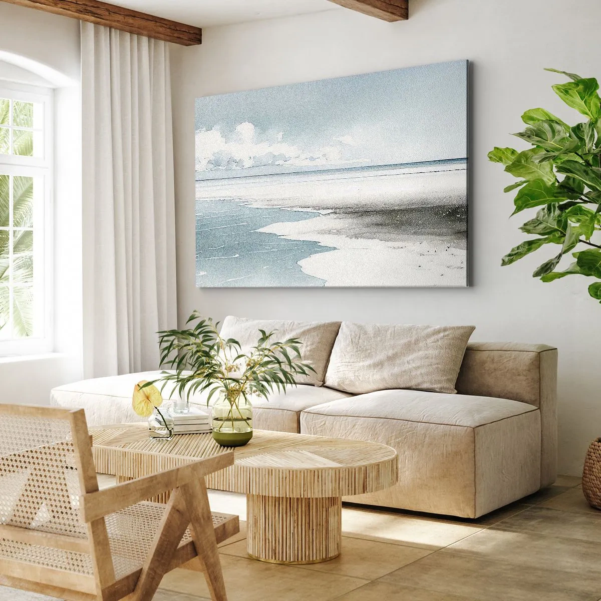 Cuadro sobre lienzo - Impresión de Imagen - Un mar tranquilo y una playa en tonos claros de azul. - 70x50cm - Suave marea otoñal - Decoración de pared moderna para salón y dormitorio ARTTOR