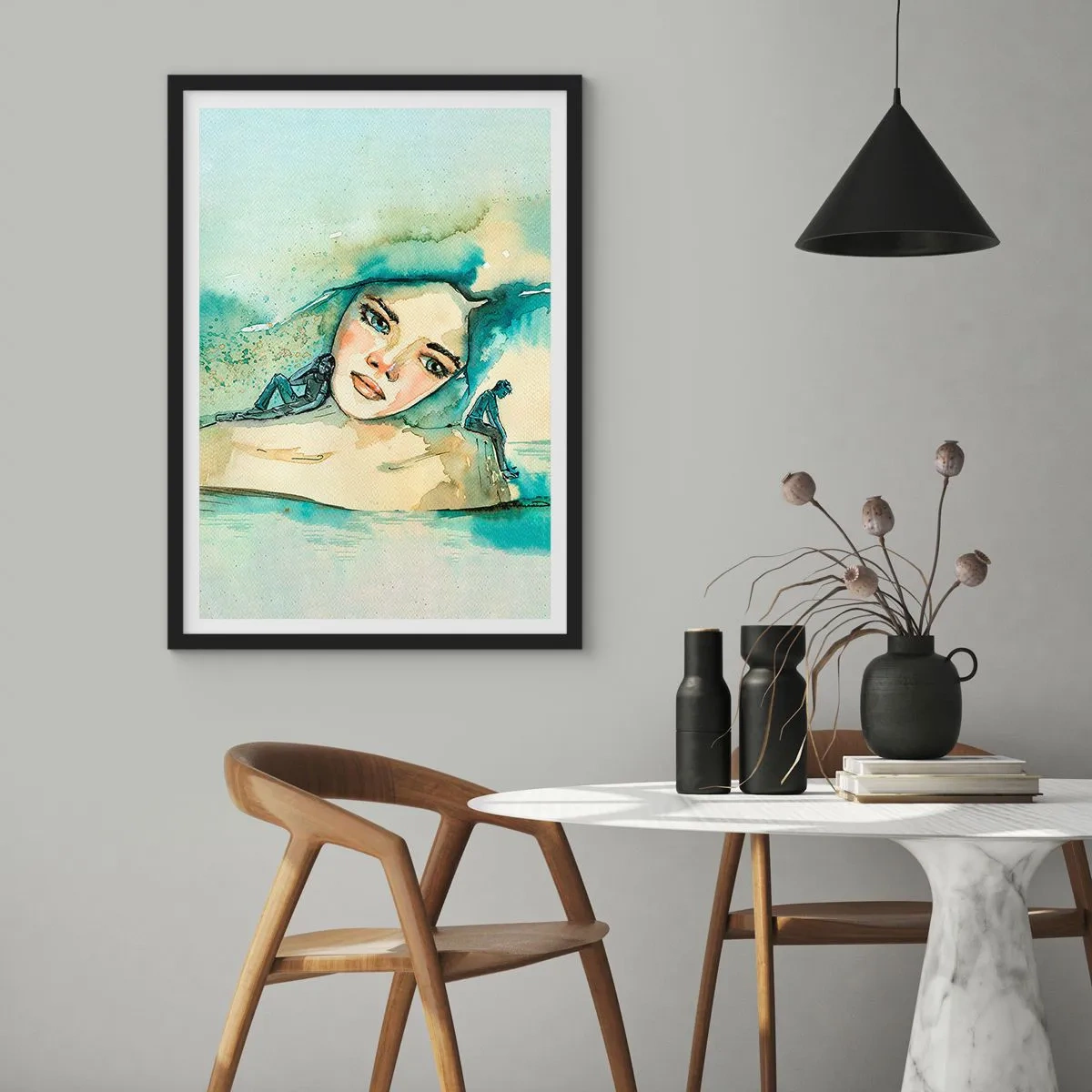 Póster en marco negro - Retrato de una mujer en estilo artístico de acuarela. - 50x70cm - ¿Soy azul? - Decoración de pared moderna para salón y dormitorio ARTTOR