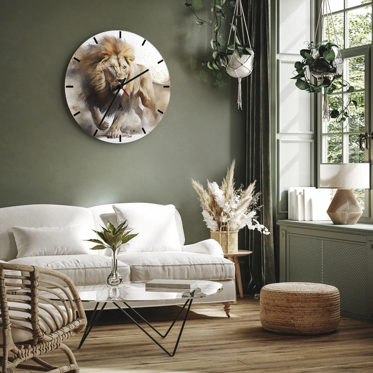 Reloj de pared - Reloj de vidrio - Toma dinámica de un león en movimiento sobre un fondo blanco con efecto de polvo. - 30x30cm - El rey ha partido - Decoración de pared moderna para salón, cocina y dormitorio ARTTOR