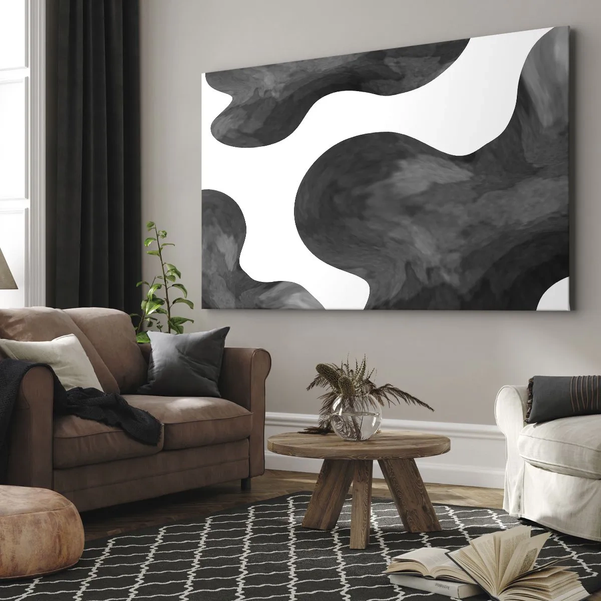 Cuadro sobre lienzo - Impresión de Imagen - Patrón abstracto en tonos de gris y blanco. - 70x50cm - El blanco fluye sobre el negro - Decoración de pared moderna para salón y dormitorio ARTTOR