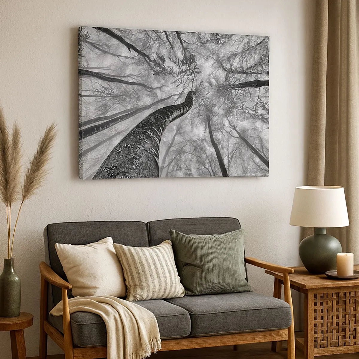 Cuadro sobre lienzo - Impresión de Imagen - Perspectiva de árboles en un bosque vistos desde abajo en tonos de gris. - 70x50cm - Carrera hacia la luz - Decoración de pared moderna para salón y dormitorio ARTTOR