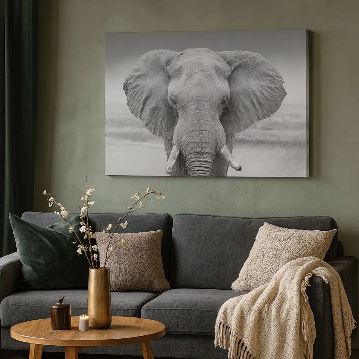Cuadro sobre lienzo - Impresión de Imagen - Retrato de un elefante en blanco y negro - 70x50cm - Bienvenido a mi mundo - Decoración de pared moderna para salón y dormitorio ARTTOR