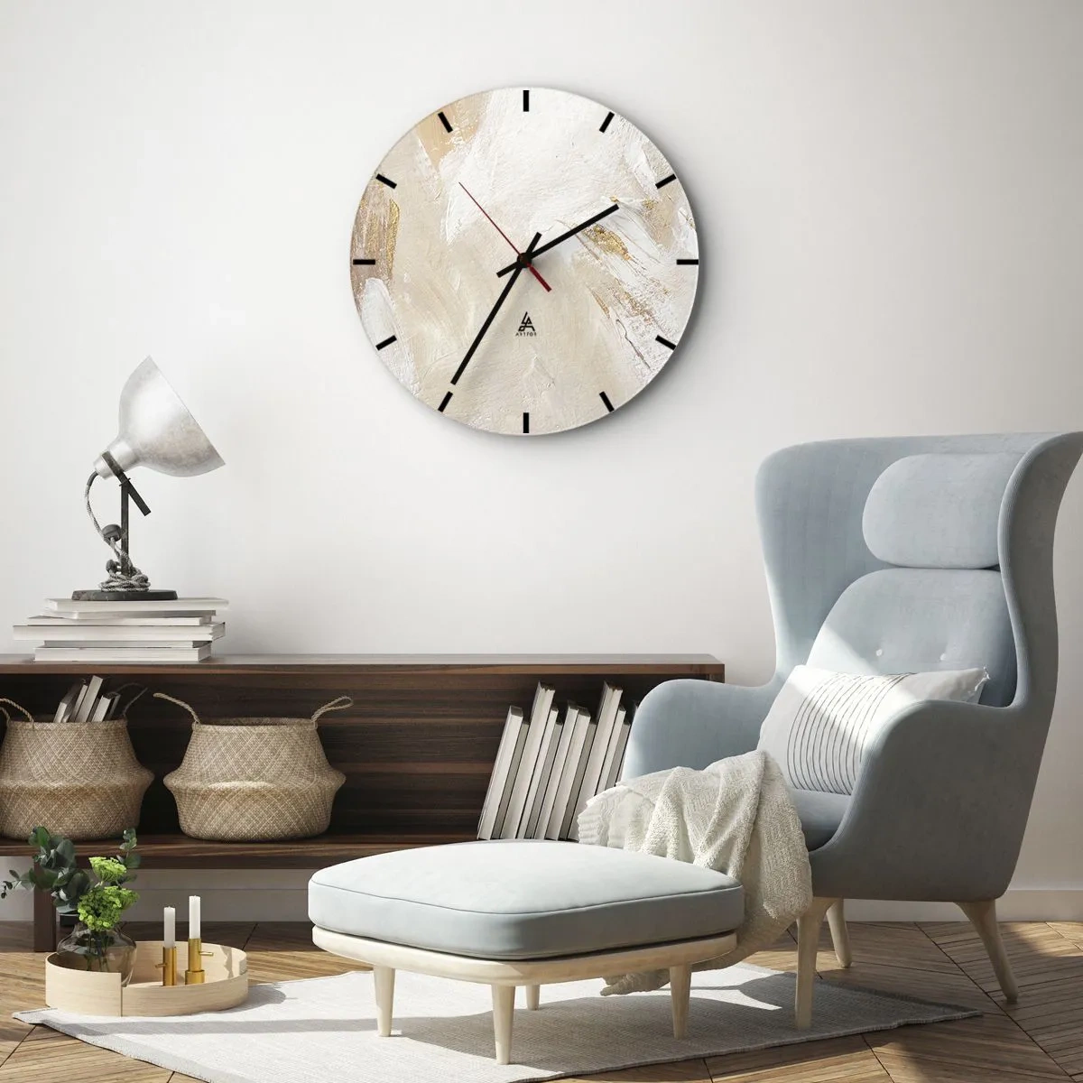 Reloj de pared - Reloj de vidrio - Composición de pintura beige y blanca con textura de pincel. - 30x30cm - Composición en pastel - Decoración de pared moderna para salón, cocina y dormitorio ARTTOR