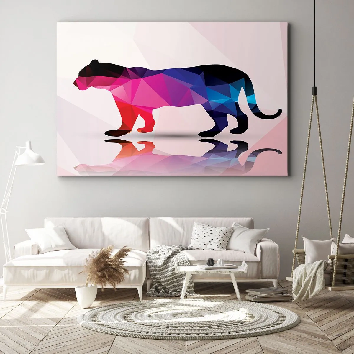 Cuadro sobre lienzo - Impresión de Imagen - Silueta de pantera geométrica en tonos rosa y azul. - 70x50cm - Pantera de diamante - Decoración de pared moderna para salón y dormitorio ARTTOR