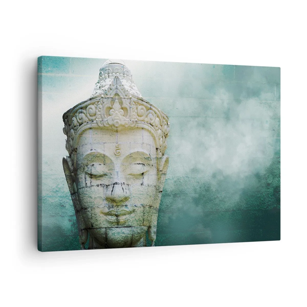 Cuadro sobre lienzo - Impresión de Imagen - Estatua de Buda con una suave niebla sobre un fondo verde. - 70x50cm - Buscando la luz - Decoración de pared moderna para salón y dormitorio ARTTOR