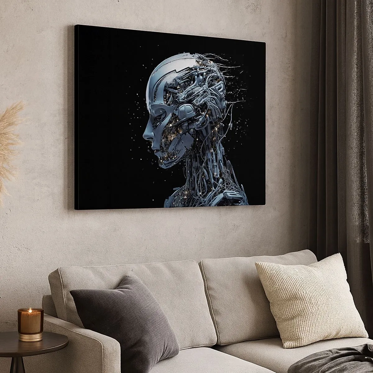Cuadro sobre lienzo - Impresión de Imagen - Retrato futurista de un cyborg en estilo industrial sobre fondo negro. - 70x50cm - La tecnología es una mujer - Decoración de pared moderna para salón y dormitorio ARTTOR
