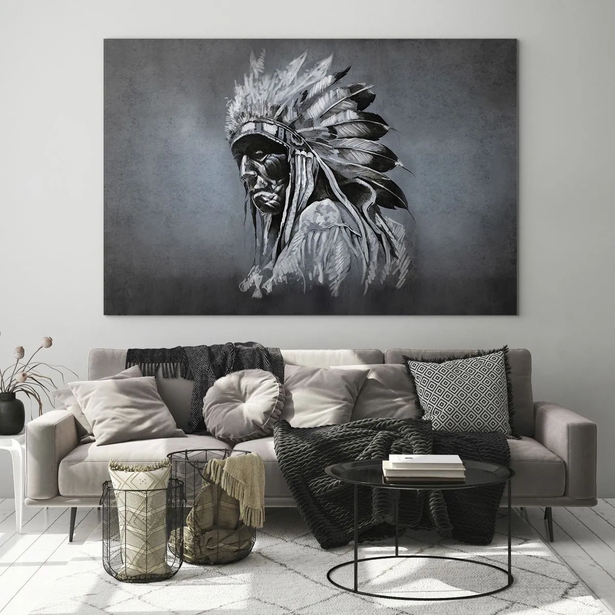 Cuadro sobre vidrio - Impresiones sobre Vidrio - Retrato de un hombre con un tocado de plumas sobre un fondo gris oscuro. - 70x50cm - Regreso a las raíces - Decoración de pared moderna para salón y dormitorio ARTTOR