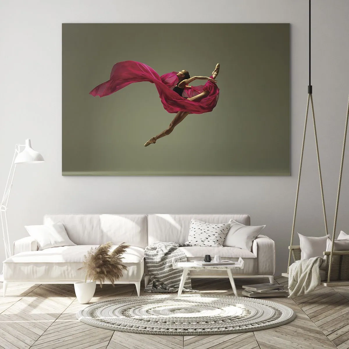 Cuadro sobre vidrio - Impresiones sobre Vidrio - Una bailarina en vuelo con una tela fucsia fluida. - 70x50cm - Llama danzante - Decoración de pared moderna para salón y dormitorio ARTTOR