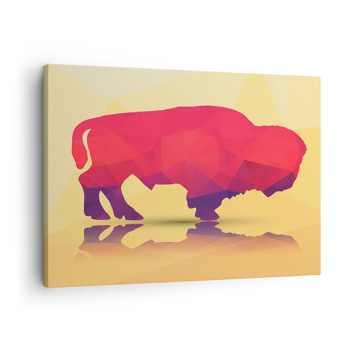 Cuadro sobre lienzo - Impresión de Imagen - Silueta geométrica de un bisonte en tonos rojos y morados. - 70x50cm - Fuerza de bisonte - Decoración de pared moderna para salón y dormitorio ARTTOR