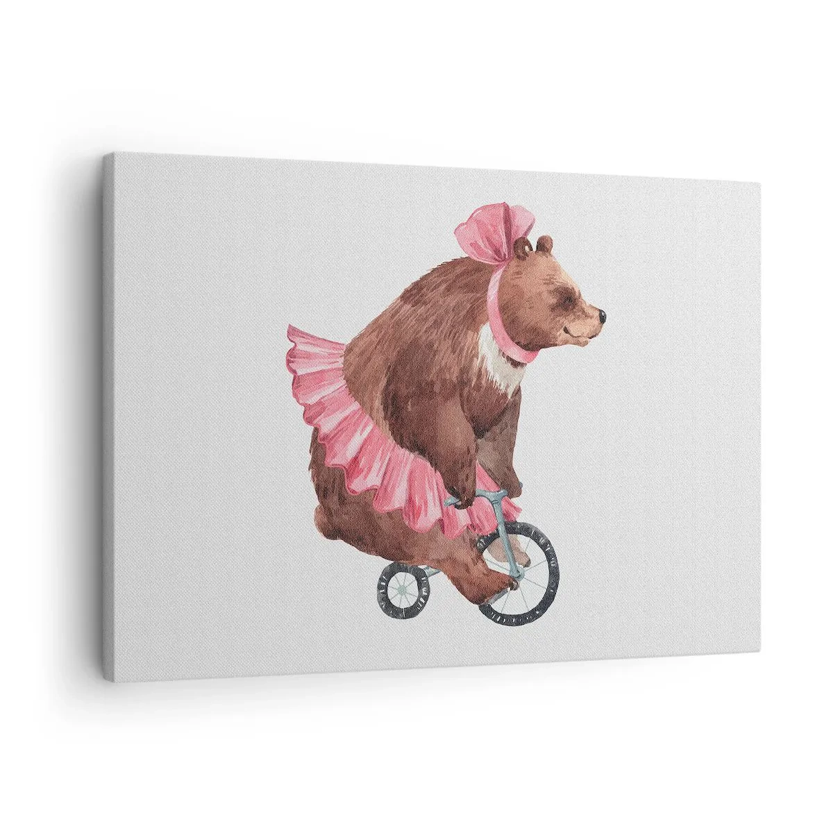 Cuadro sobre lienzo - Impresión de Imagen - Un osito de peluche con una falda rosa en una bicicleta de estilo retro. - 70x50cm - ¡Qué circo! - Decoración de pared moderna para salón y dormitorio ARTTOR