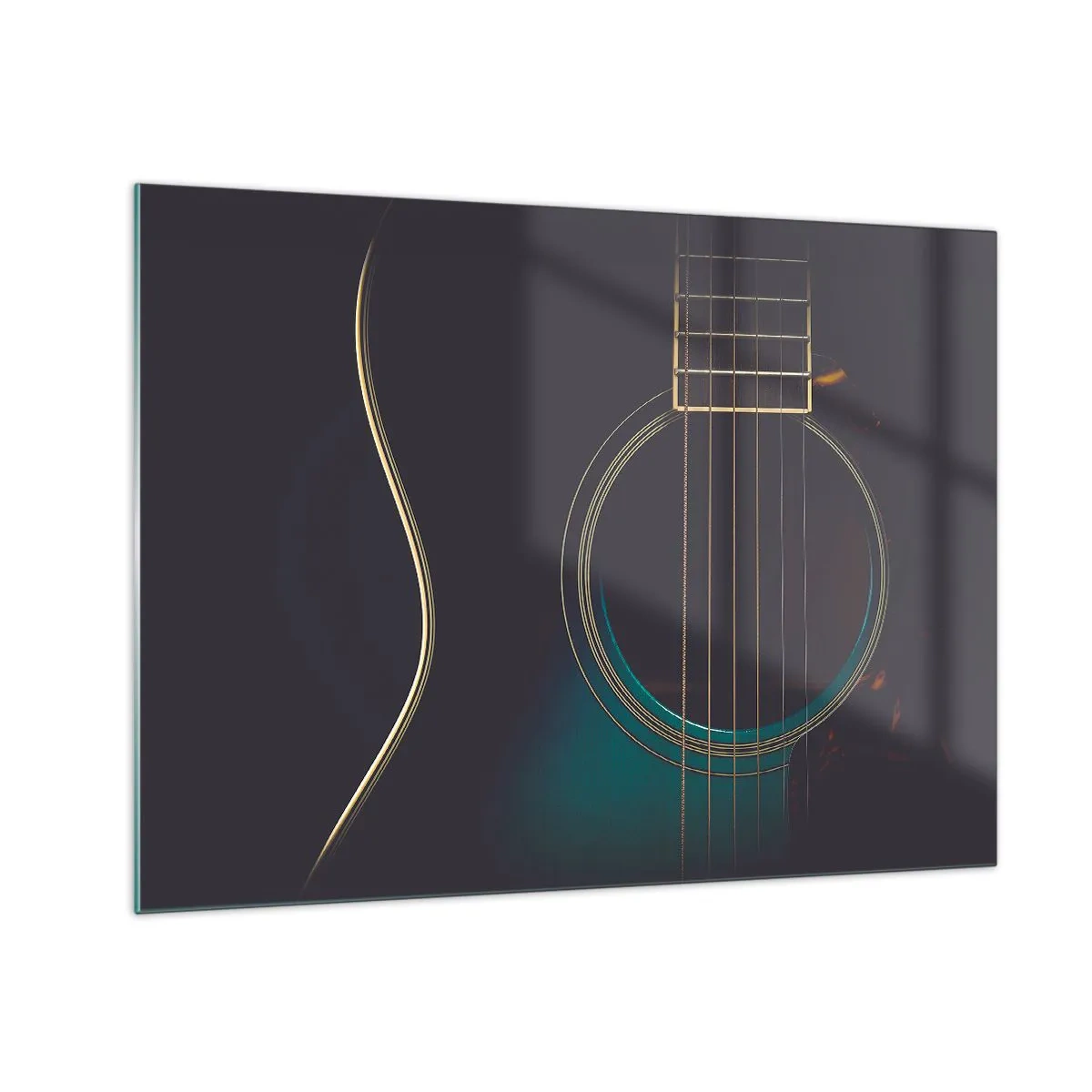 Cuadro sobre vidrio - Impresiones sobre Vidrio - Primer plano de una guitarra acústica negra con detalle de cuerdas. - 70x50cm - Un momento antes de que suene - Decoración de pared moderna para salón y dormitorio ARTTOR