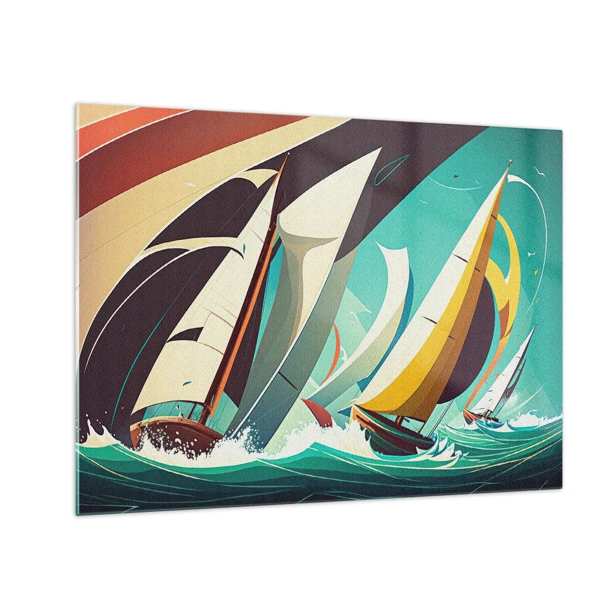Cuadro sobre vidrio - Impresiones sobre Vidrio - Ilustración de estilo retro de veleros en un mar tempestuoso - 70x50cm - Afrontar los elementos - Decoración de pared moderna para salón y dormitorio ARTTOR