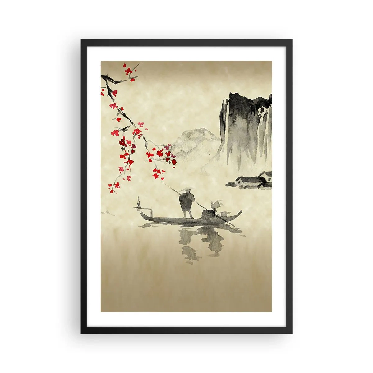 Póster en marco negro - Escena oriental con pescadores en un barco. - 50x70cm - En el país de los cerezos en flor - Decoración de pared moderna para salón y dormitorio ARTTOR