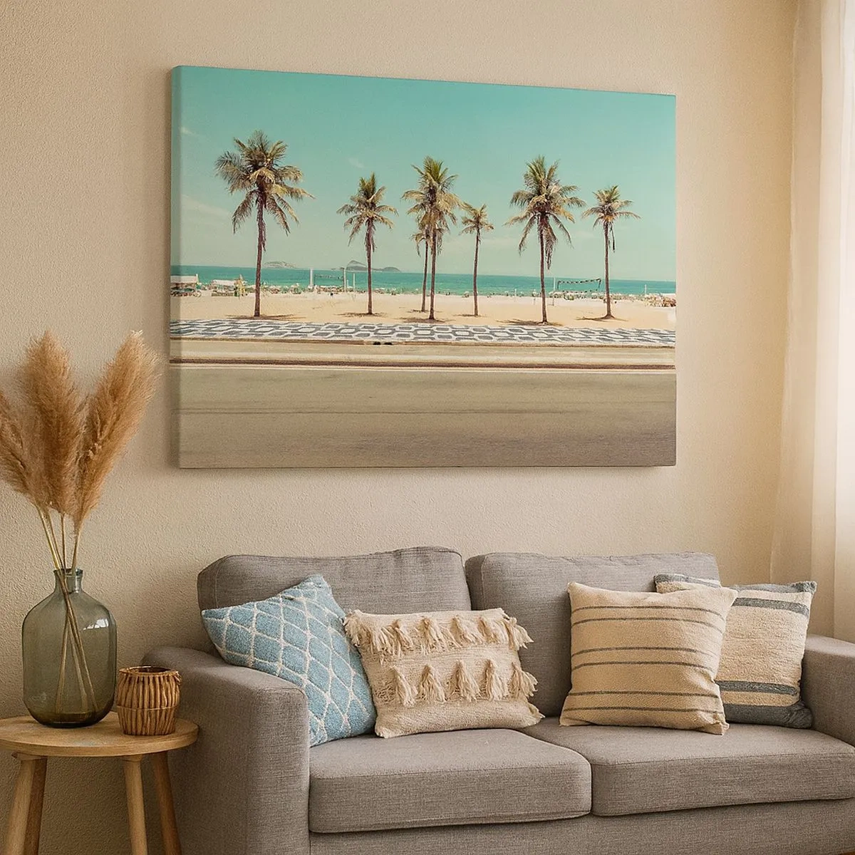 Cuadro sobre lienzo - Impresión de Imagen - Palmeras en la playa con vistas al mar y al cielo azul. - 70x50cm - En la playa - Decoración de pared moderna para salón y dormitorio ARTTOR