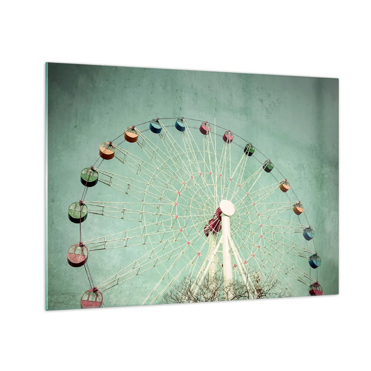 Cuadro sobre vidrio - Impresiones sobre Vidrio - Una noria colorida sobre un fondo verde pastel - 70x50cm - Te invitamos a jugar - Decoración de pared moderna para salón y dormitorio ARTTOR