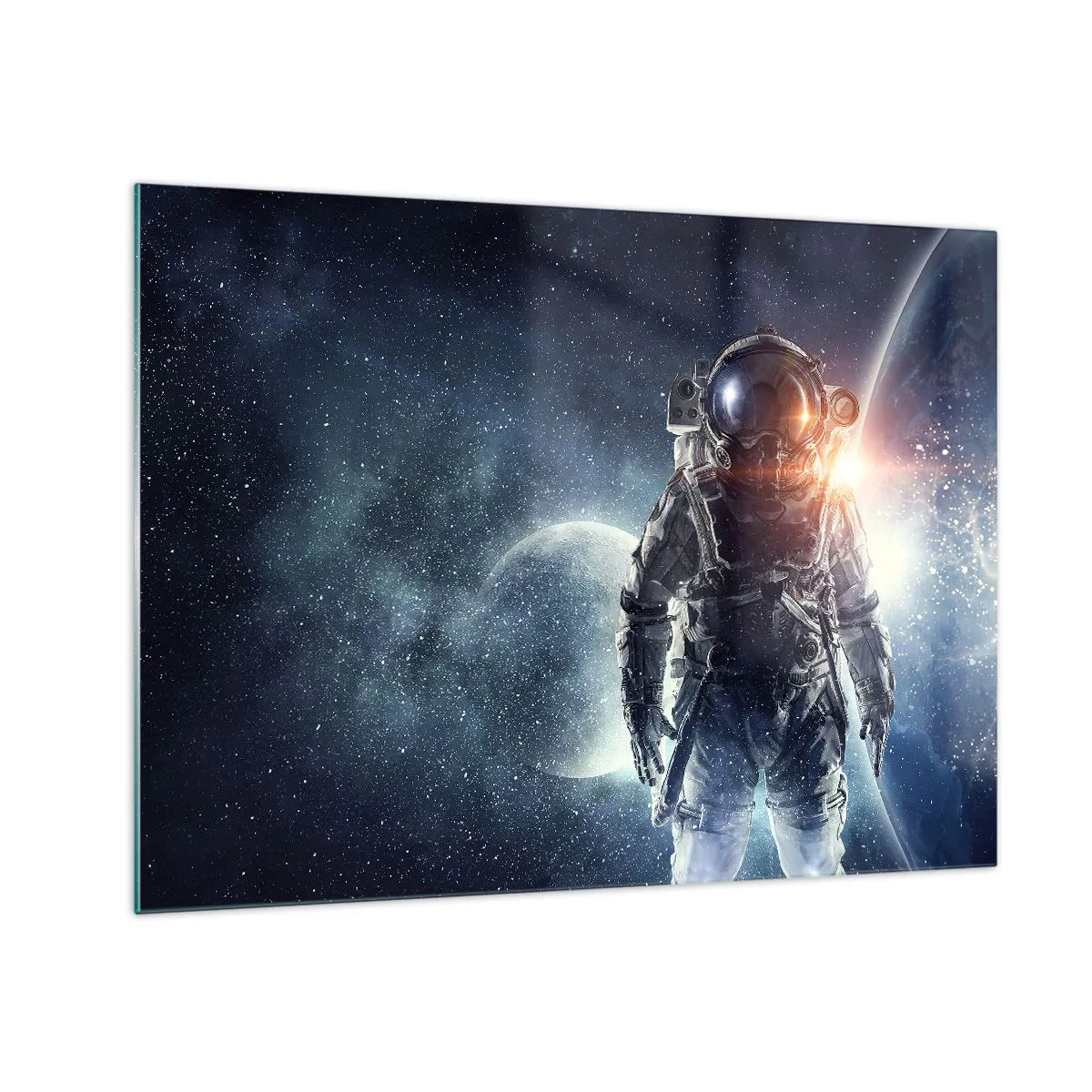 Cuadro sobre vidrio - Impresiones sobre Vidrio - Astronauta con el telón de fondo de planetas y estrellas. - 70x50cm - Una aventura cósmica - Decoración de pared moderna para salón y dormitorio ARTTOR