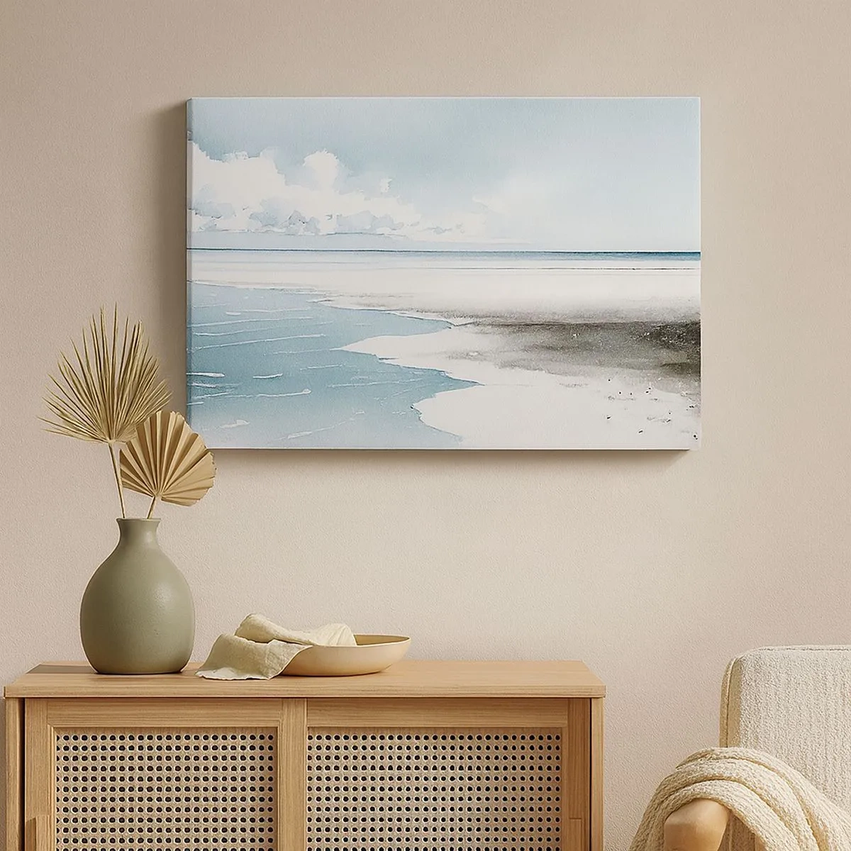 Cuadro sobre lienzo - Impresión de Imagen - Un mar tranquilo y una playa en tonos claros de azul. - 70x50cm - Suave marea otoñal - Decoración de pared moderna para salón y dormitorio ARTTOR