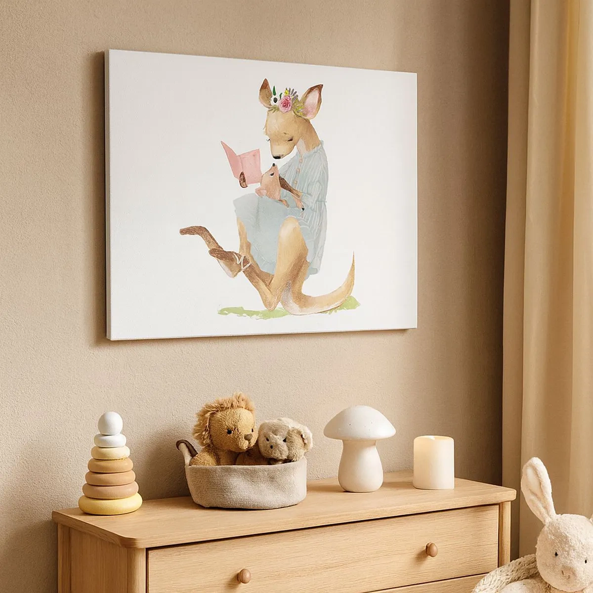 Cuadro sobre lienzo - Impresión de Imagen - Kanga leyendo un libro con un bebé - 70x50cm - Léeme un cuento, mamá - Decoración de pared moderna para salón y dormitorio ARTTOR