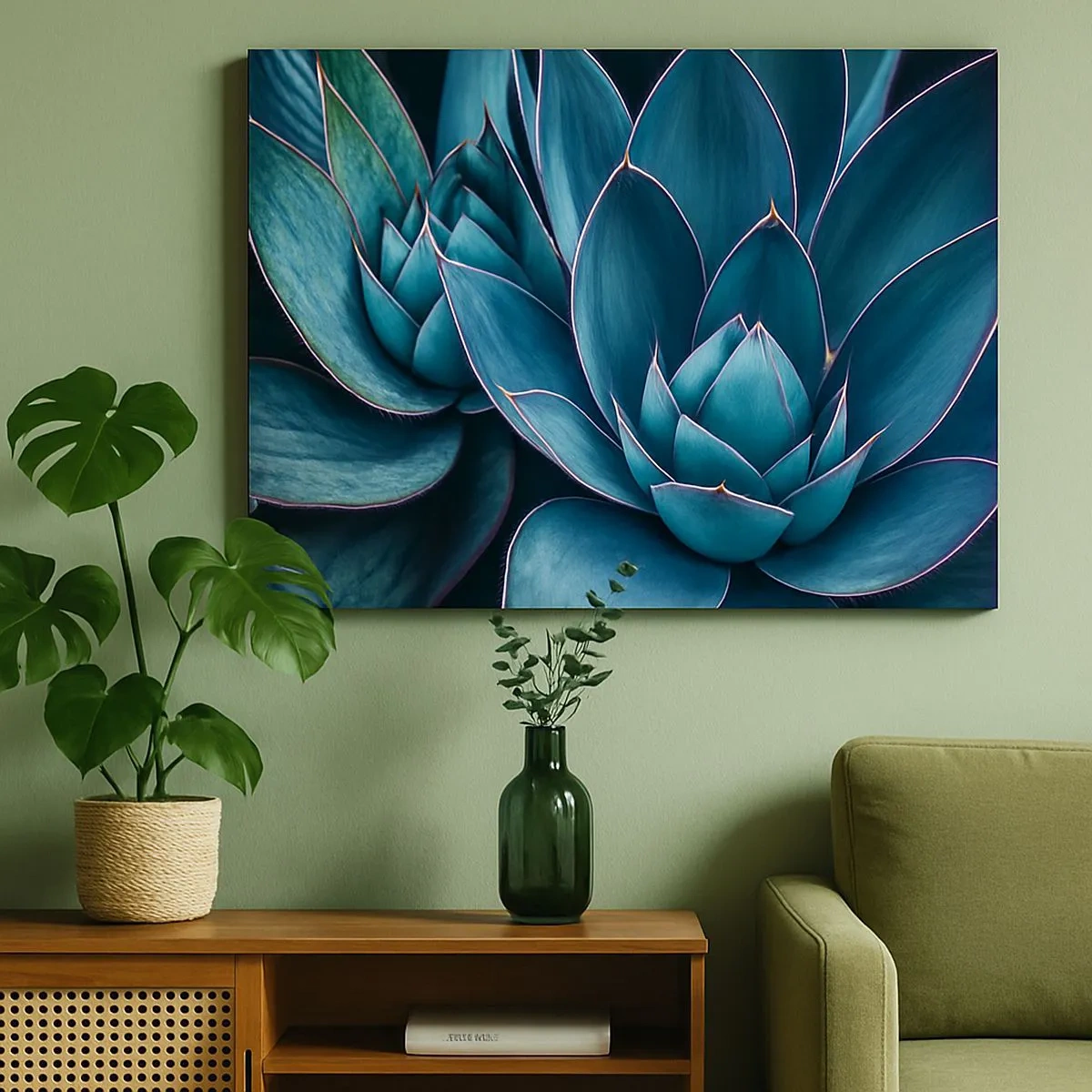 Cuadro sobre lienzo - Impresión de Imagen - Agave en tonos azules y verdes con acentos rosados. - 70x50cm - Fuerza vital - Decoración de pared moderna para salón y dormitorio ARTTOR