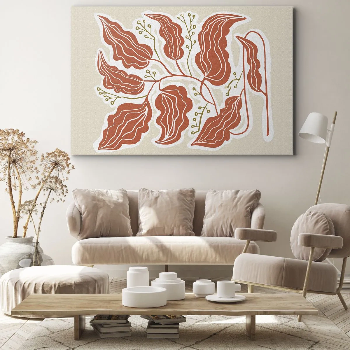 Cuadro sobre lienzo - Impresión de Imagen - Un motivo de hojas minimalista en tonos naranja y verde. - 70x50cm - Folk y coral - Decoración de pared moderna para salón y dormitorio ARTTOR