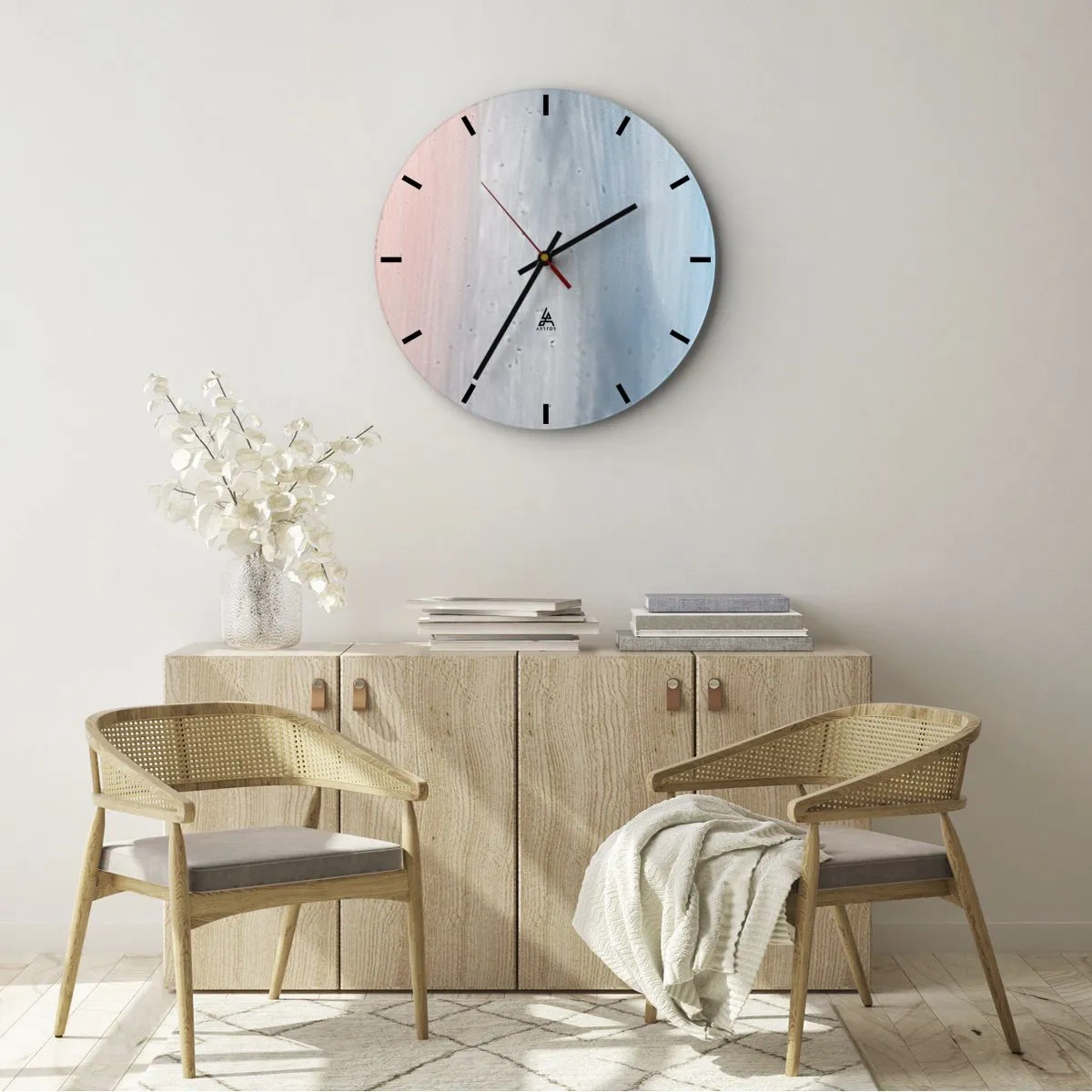 Reloj de pared - Reloj de vidrio - Transiciones de color pastel desde el rosa, pasando por el gris, hasta el azul intenso. - 30x30cm - Elementos: aire - Decoración de pared moderna para salón, cocina y dormitorio ARTTOR