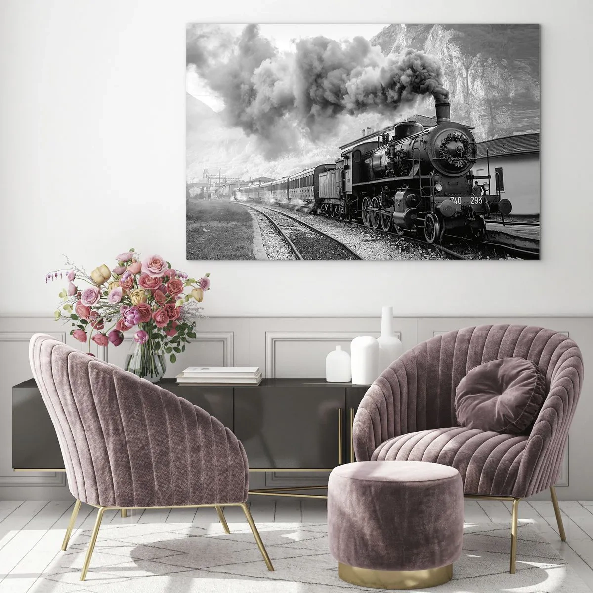 Cuadro sobre vidrio - Impresiones sobre Vidrio - Un antiguo tren de vapor en un paisaje montañoso. - 70x50cm - Rumbo a la estación... - Decoración de pared moderna para salón y dormitorio ARTTOR