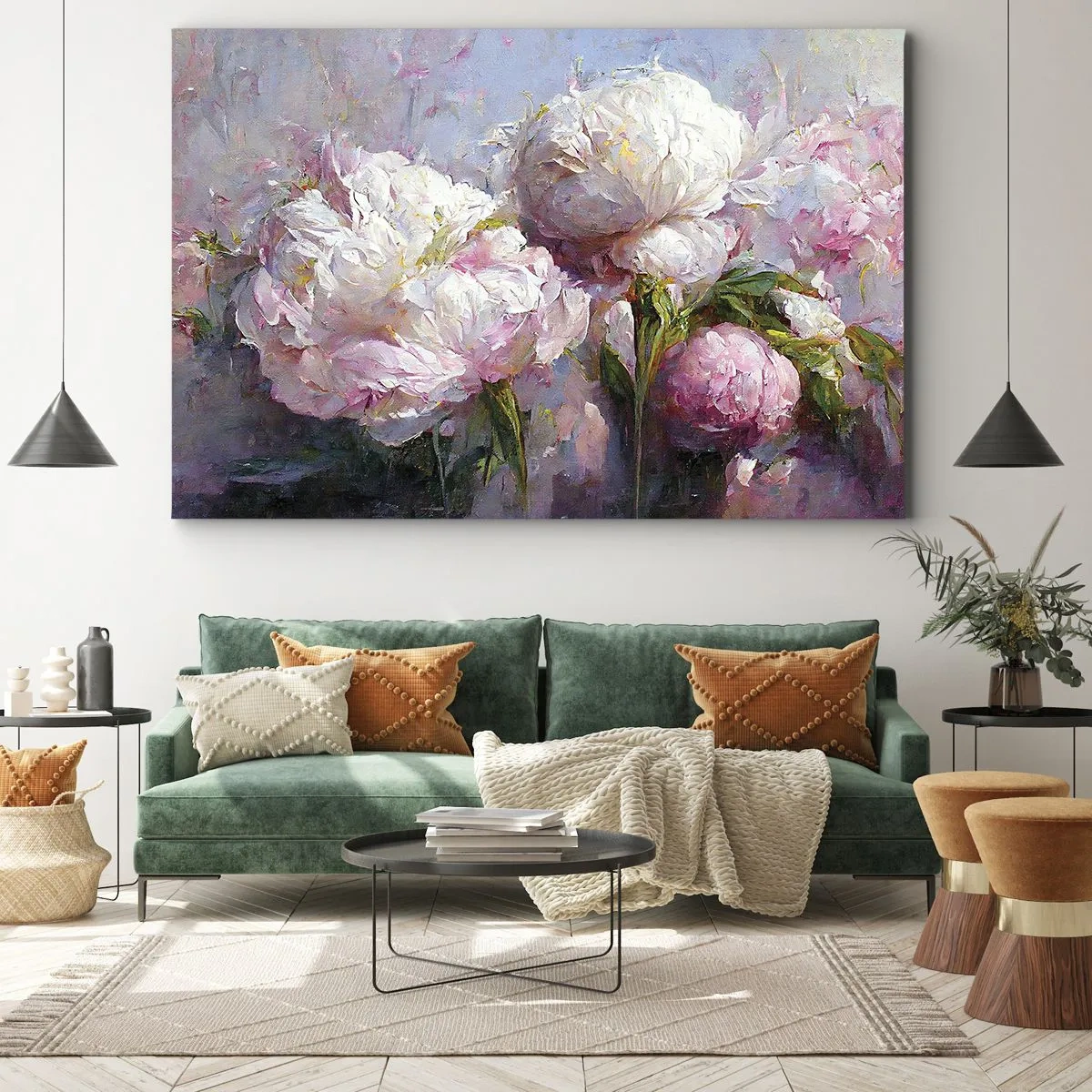 Cuadro sobre lienzo - Impresión de Imagen - Flores de peonía románticas en colores pastel. - 70x50cm - Un ramo rebosante de vida - Decoración de pared moderna para salón y dormitorio ARTTOR