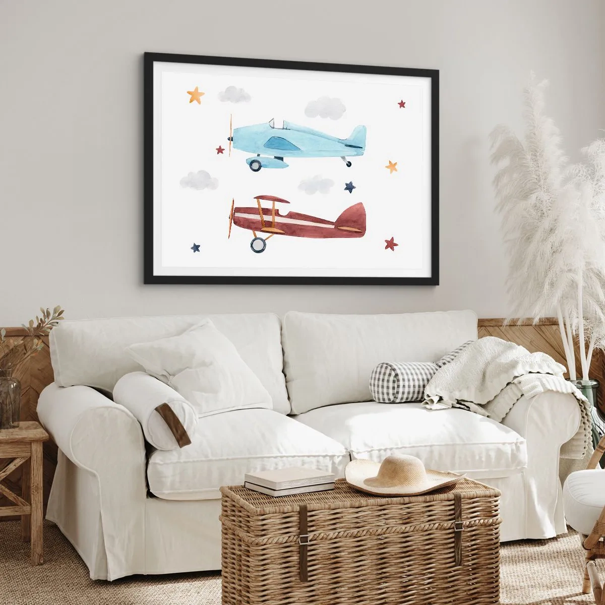 Póster en marco negro - Aviones pintados a mano sobre un fondo de nubes y estrellas. - 70x50cm - ¡Piloto, estamos esperando! - Decoración de pared moderna para salón y dormitorio ARTTOR