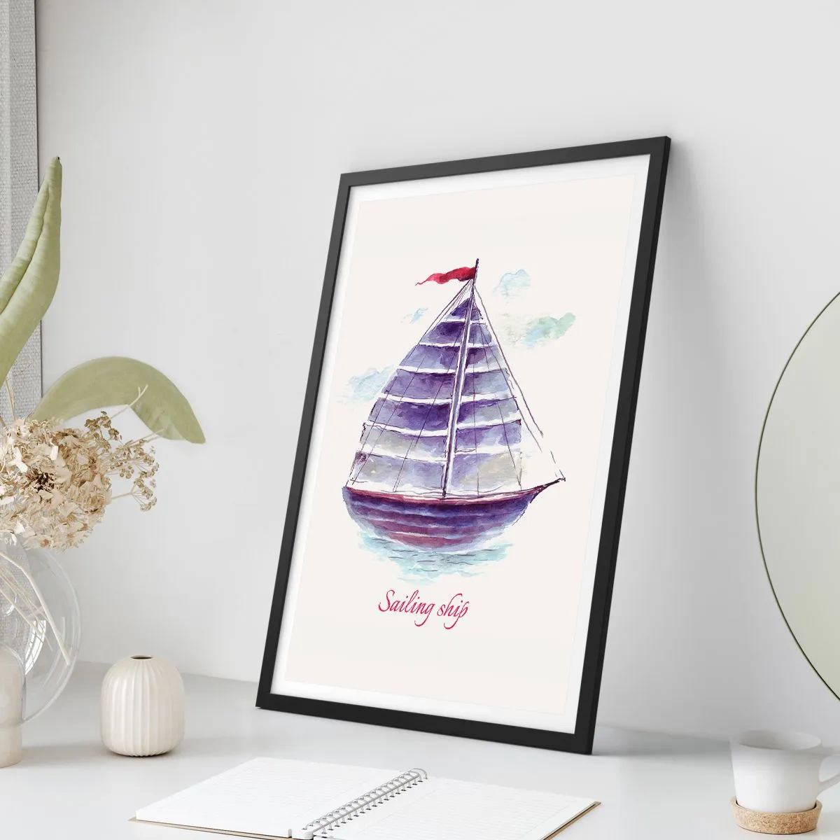 Póster en marco negro - Ilustración en acuarela de un velero en aguas tranquilas - 50x70cm - Velas izadas y aguas tranquilas - Decoración de pared moderna para salón y dormitorio ARTTOR